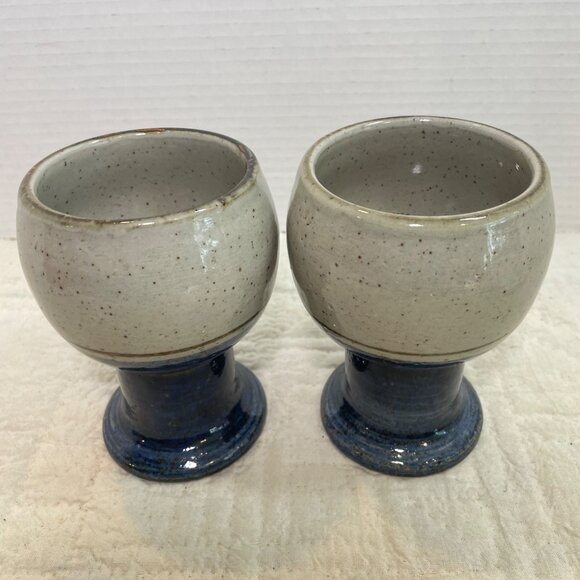Handmade Pottery Goblets With Speckled Glaze & Blue Base Set Of 2 Rustic Stonewa - Picture 2 of 8